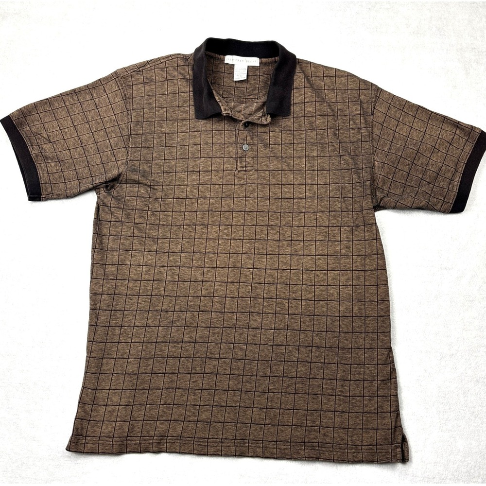 Geoffrey Beene Mens Brown Black Grid Cotton Short Sleeve Polo Shirt Large
